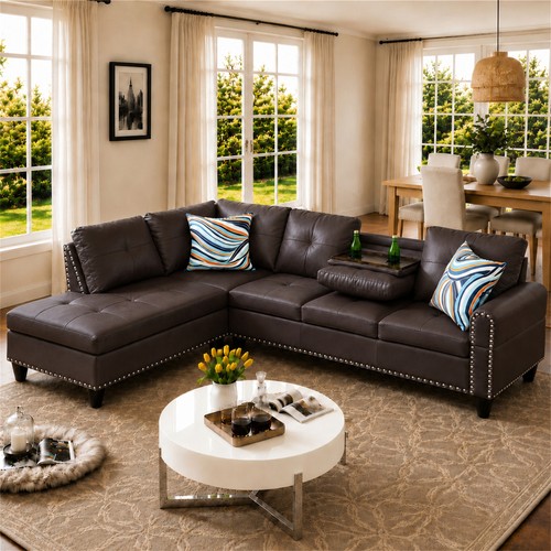 Brown leather l shaped - brown,